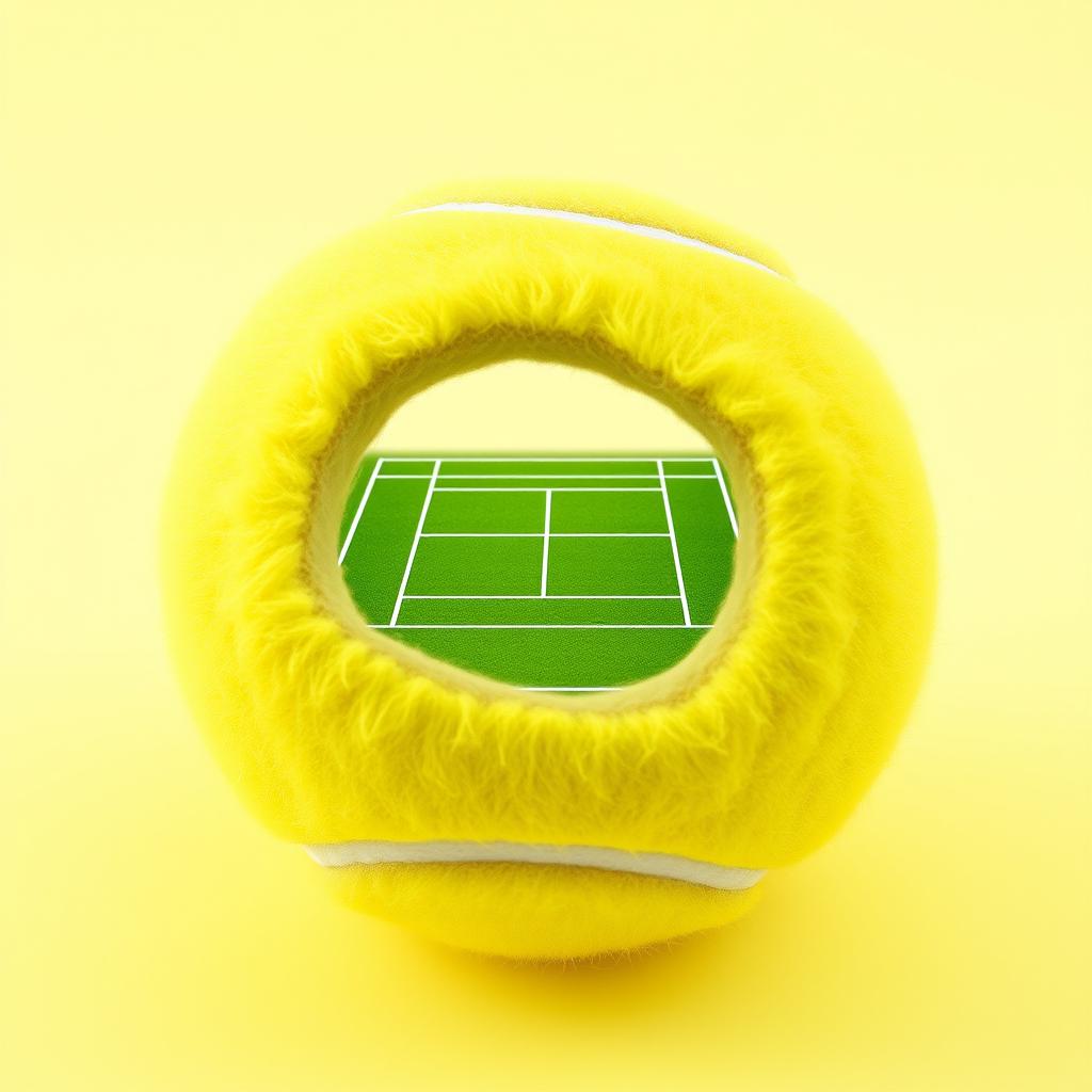 A bright yellow tennis ball featuring a section that is cut out to reveal a detailed tennis court inside