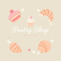 A charming and inviting logo design for a pastry shop, featuring delicate pastry elements like cupcakes and croissants