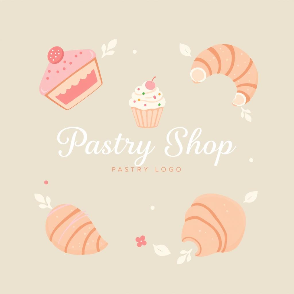 A charming and inviting logo design for a pastry shop, featuring delicate pastry elements like cupcakes and croissants