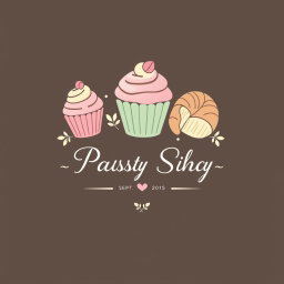 A charming and inviting logo design for a pastry shop, featuring delicate pastry elements like cupcakes and croissants
