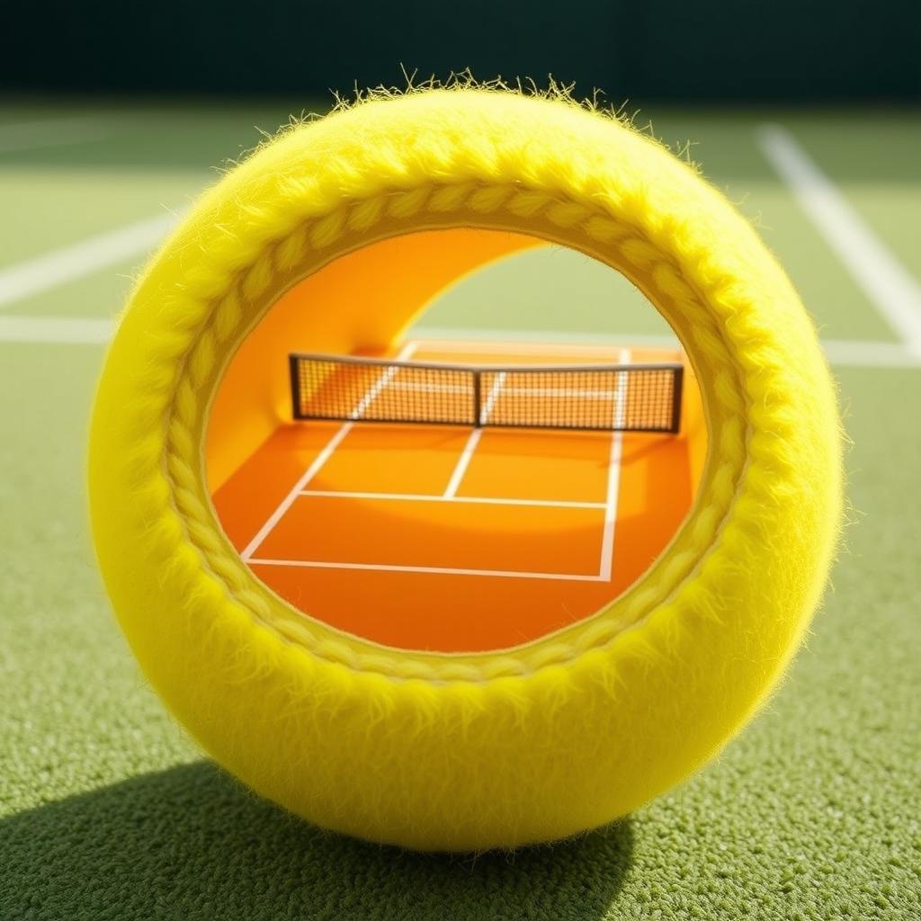A vibrant yellow tennis ball with a section cut out, revealing a detailed tennis court inside