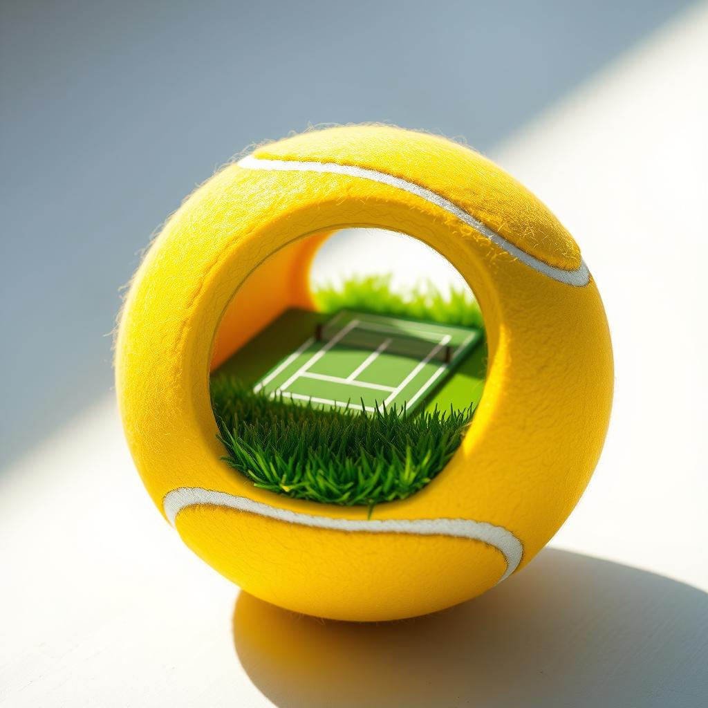 A detailed yellow tennis ball with a section cut out, revealing a miniature tennis court nestled inside
