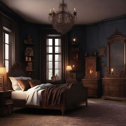 Design a warm and witchy dark academia bedroom. Lessen the book elements, and incorporate antique furniture, magical elements, and warm-toned colours and lighting to create a cozy ambiance.