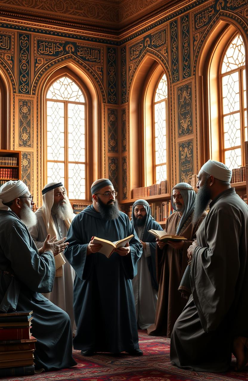 A visually striking representation of Islamic dialectic, showcasing a diverse group of scholars engaged in deep discussion and debate
