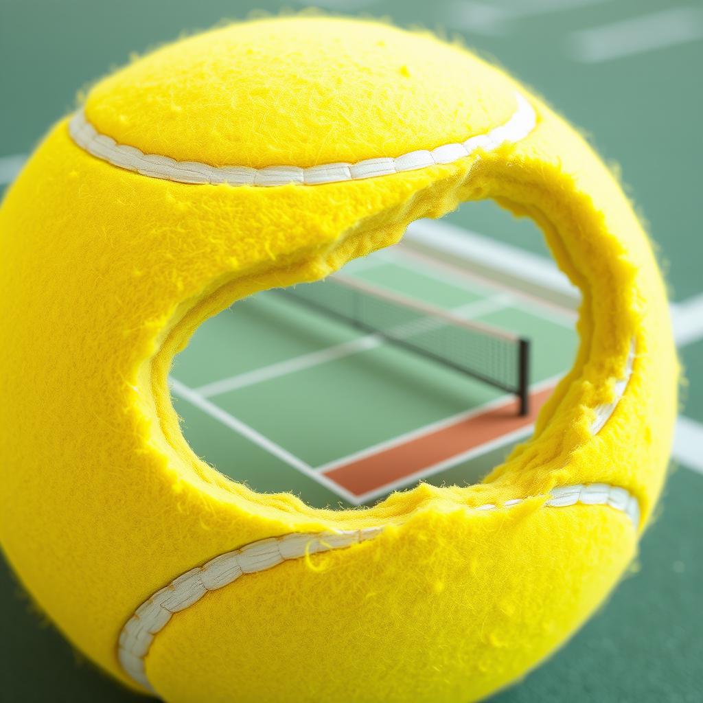 A vibrant yellow tennis ball that has a section cut out, revealing a detailed tennis court inside