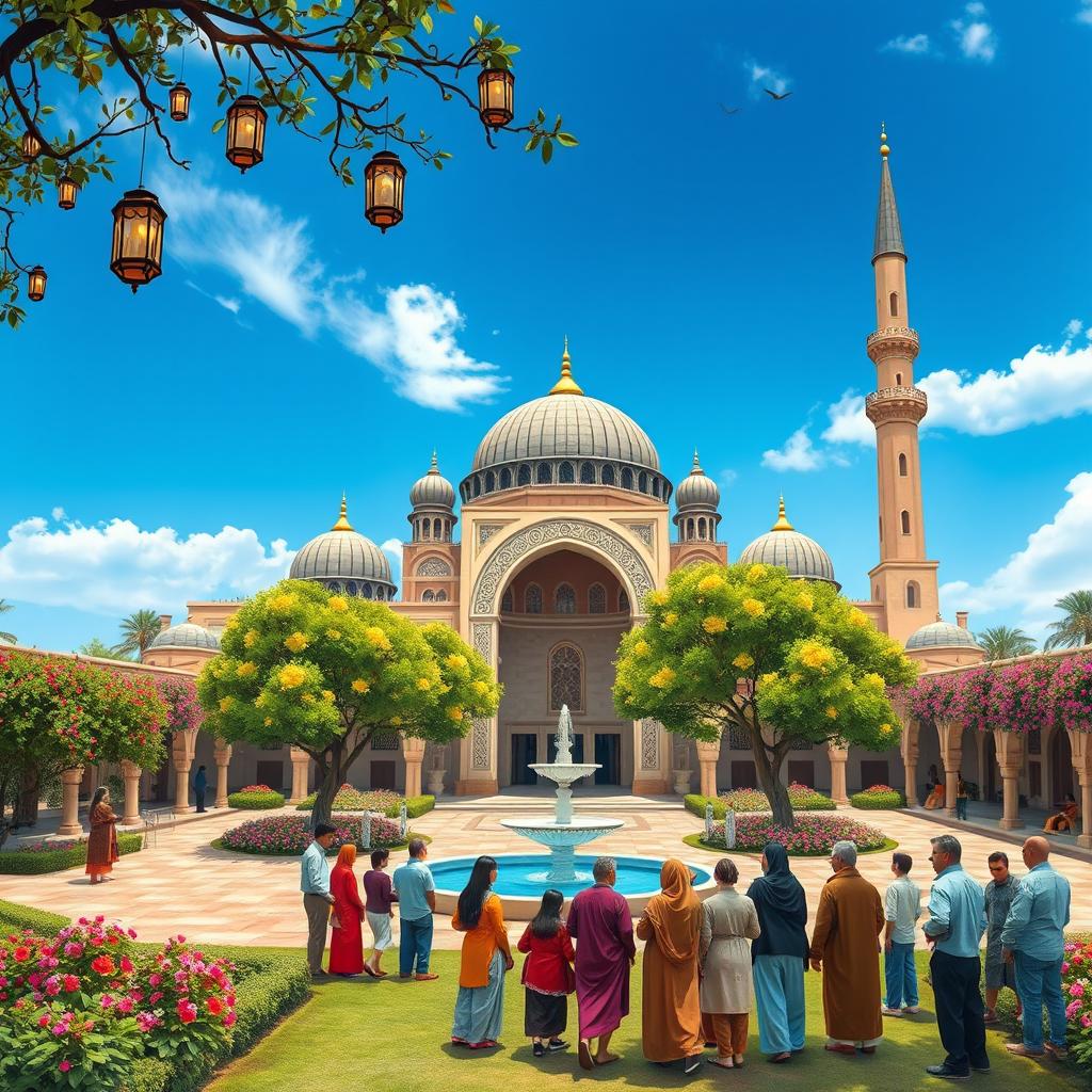 An artistic depiction of Islamic culture, beautifully illustrating aspects such as intricate geometric patterns, lush gardens, and iconic architecture like mosques with domes and minarets