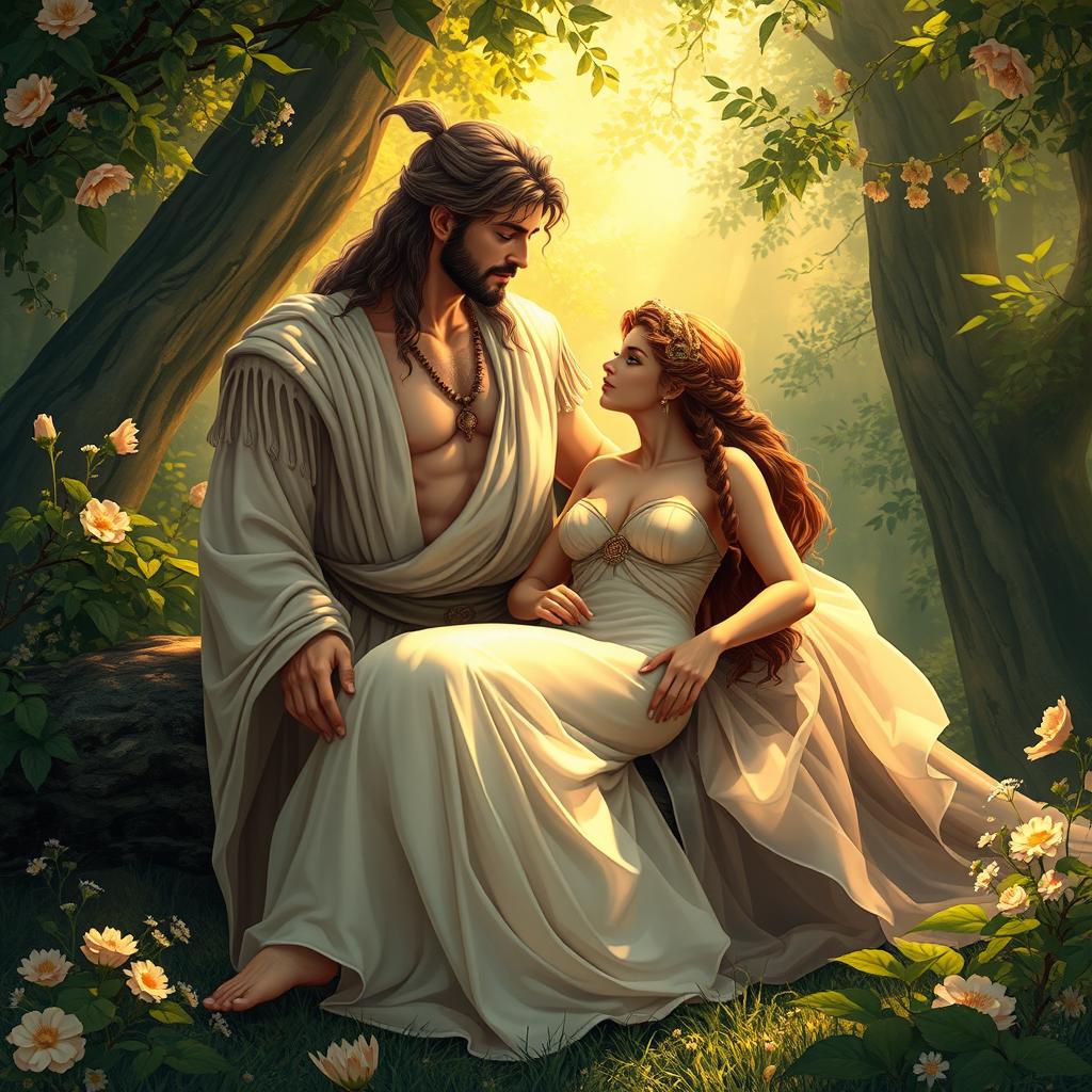 A romantic and intimate scene depicting two ancient characters in a lush, serene setting