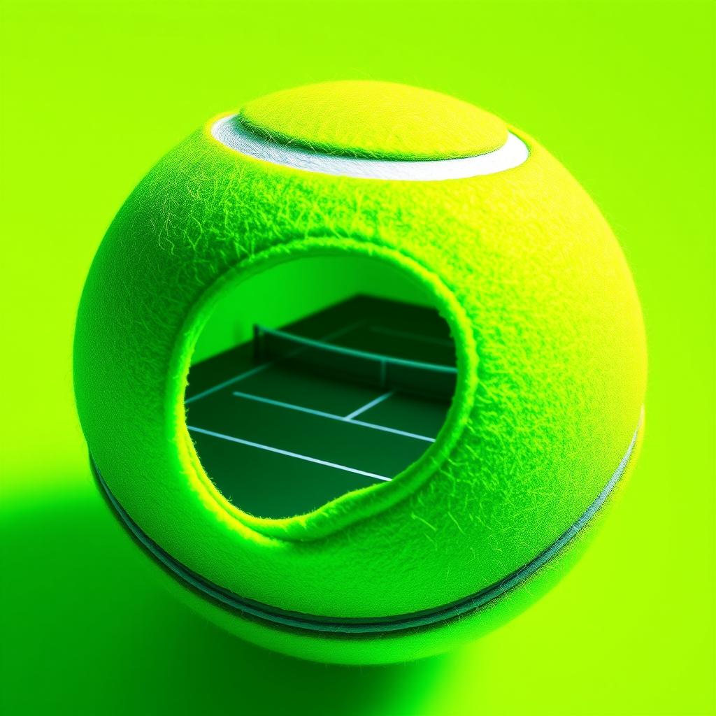 A vibrant green tennis ball with a section cut out, revealing a miniature tennis court inside