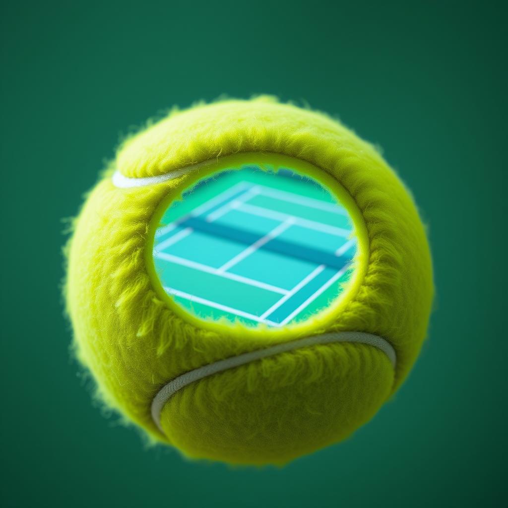 A vibrant green tennis ball with a section cut out, revealing a detailed tennis court inside