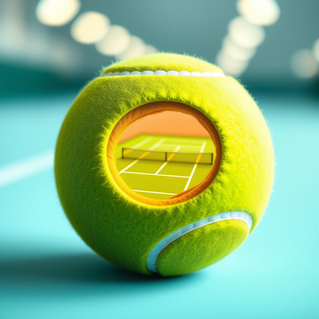 A green tennis ball with a segment cut out, revealing an intricately detailed tennis court inside the ball