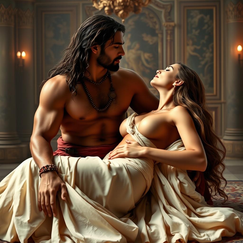 A romantic scene depicting a powerful historical figure, with a strong physique, gently placing a beautiful goddess-like woman, who has long flowing hair, on his lap