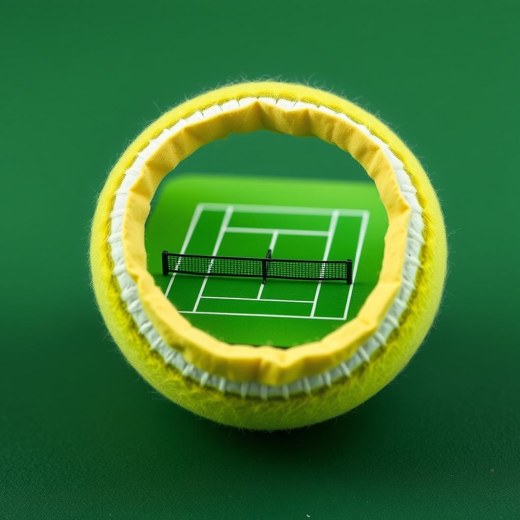 A green tennis ball partially cut out to reveal a miniature tennis court inside