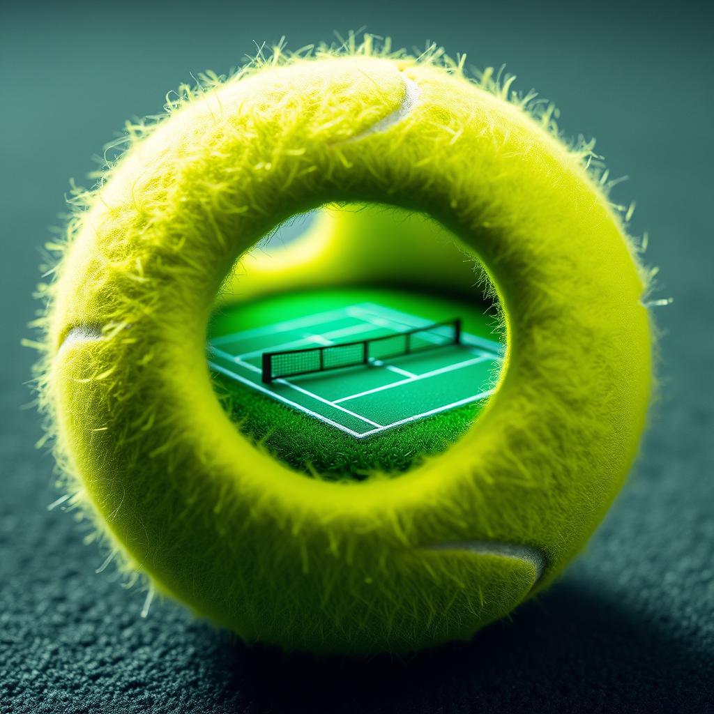 A vibrant green tennis ball with a section cut out, revealing a miniature tennis court nestled inside