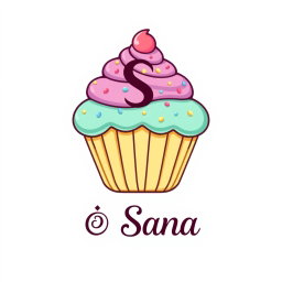 A whimsical logo design for a bakery named 'Sana', featuring a large, beautifully decorated cupcake at the center
