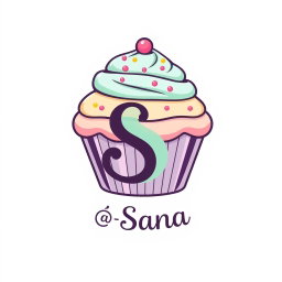 A whimsical logo design for a bakery named 'Sana', featuring a large, beautifully decorated cupcake at the center