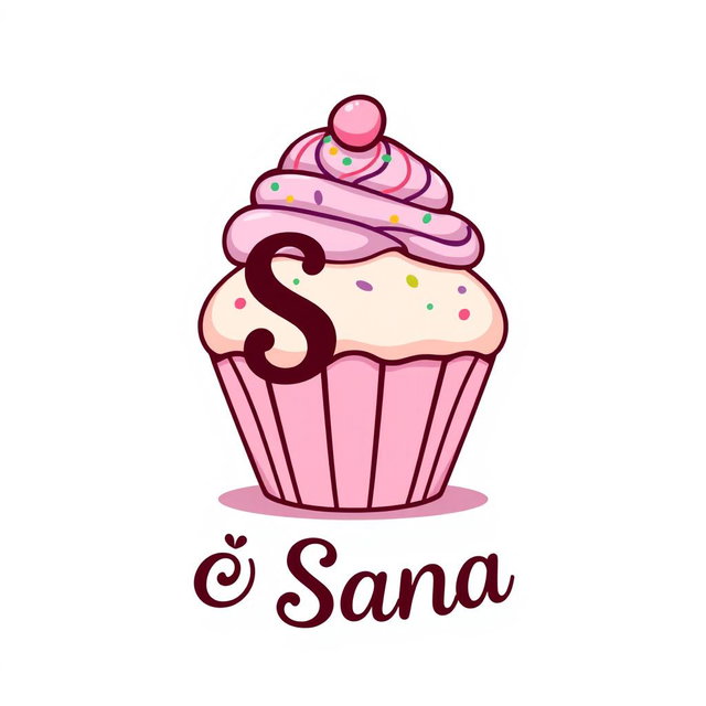 A whimsical logo design for a bakery named 'Sana', featuring a large, beautifully decorated cupcake at the center