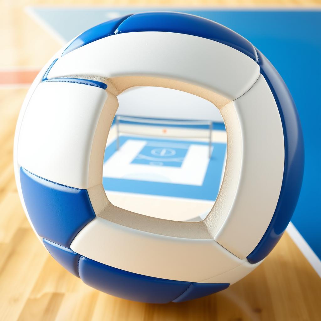 A blue and white volleyball with a section cut out, revealing a detailed volleyball court inside the ball