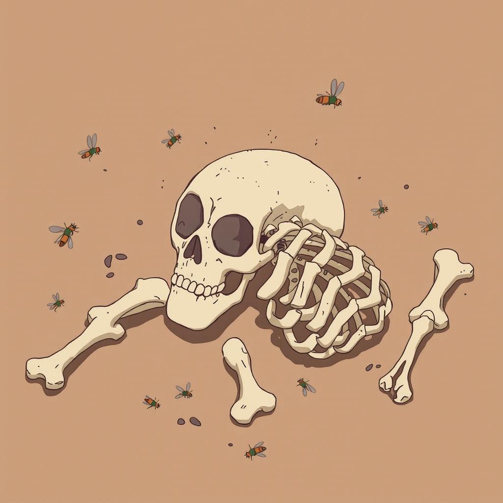 An animated style depiction of a human skeleton lying on the ground