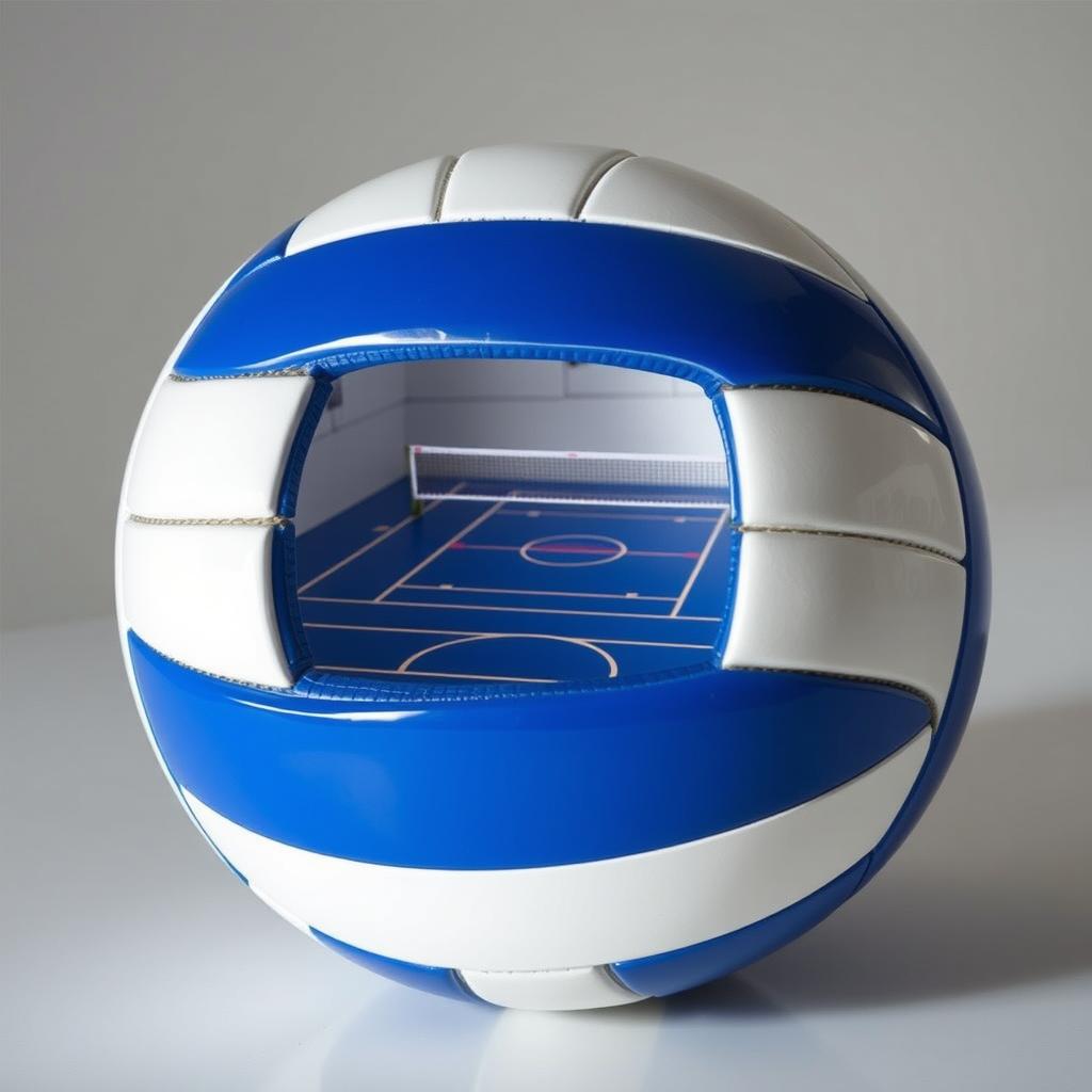 A blue and white volleyball with a section cut out, revealing an intricately detailed volleyball court inside the ball