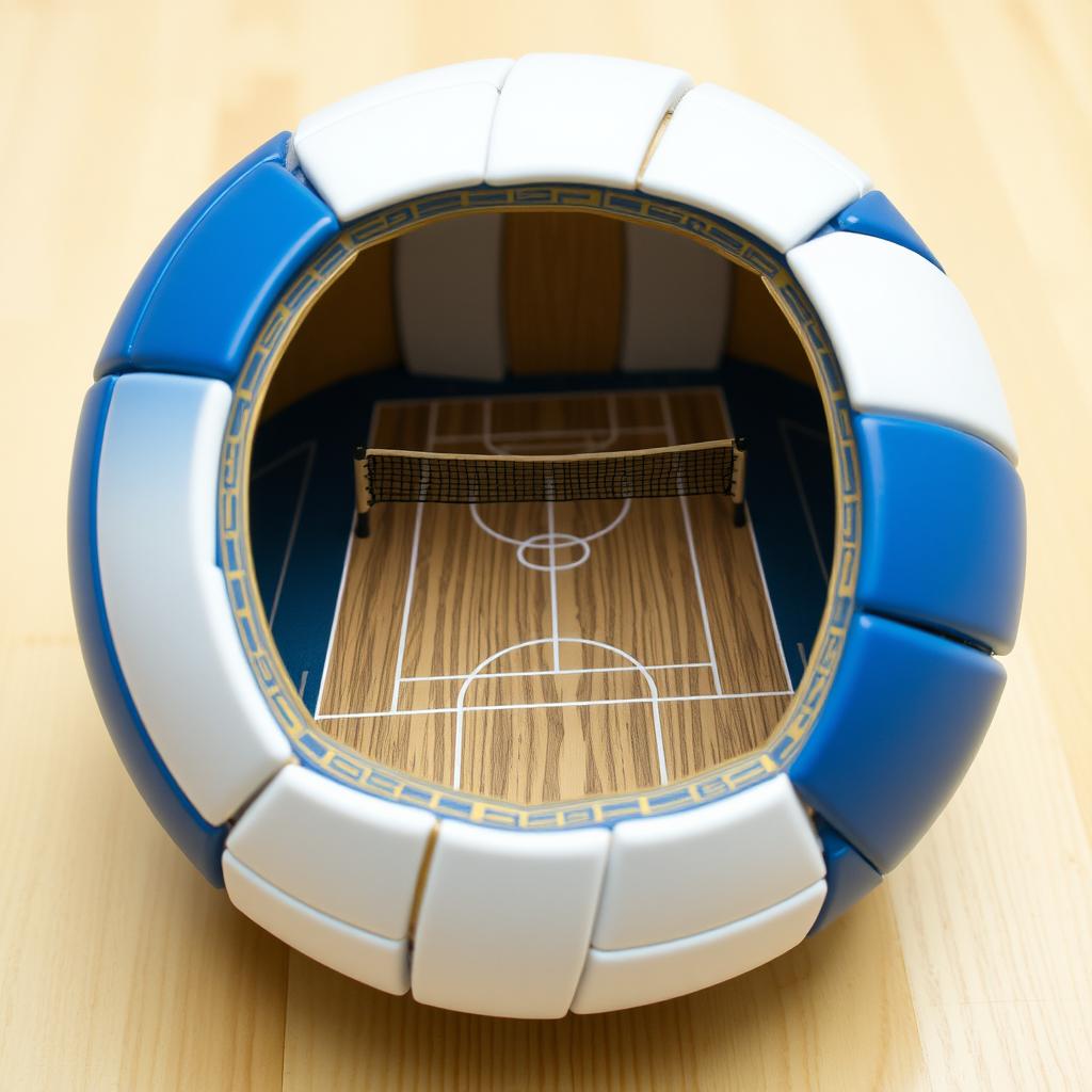 A blue and white volleyball that features a large section cut out, revealing an intricate volleyball court inside the ball