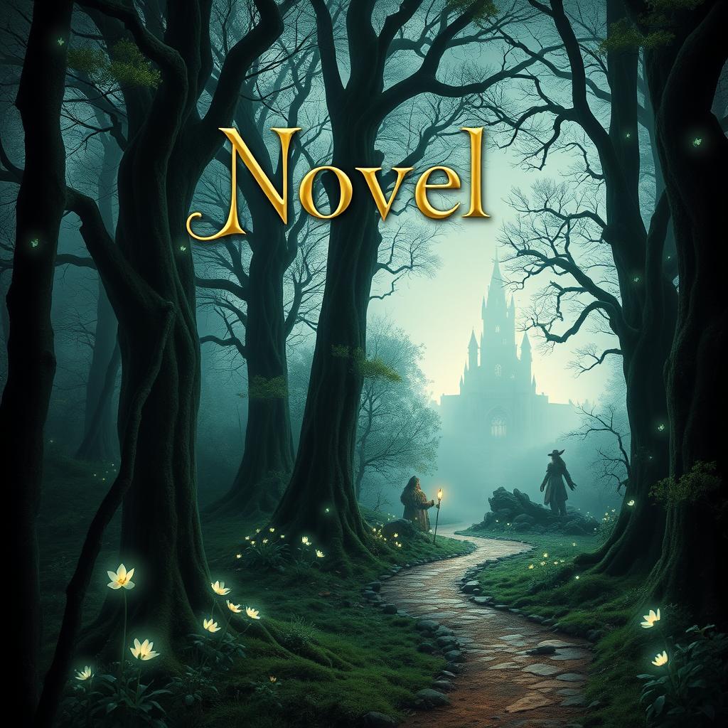 A captivating and imaginative book cover design for a novel, featuring a mysterious and enchanting forest scene