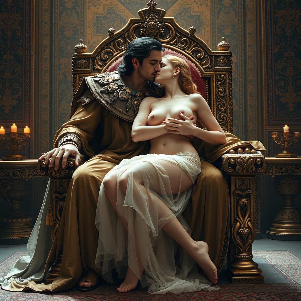 A romantic scene inspired by ancient mythology depicting a powerful, majestic Persian king, Xerxes, and the goddess Artemis in an intimate setting