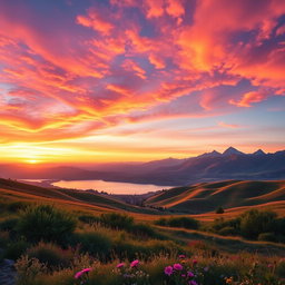 A vibrant and captivating banner image showcasing a breathtaking landscape featuring rolling hills under a sunset sky painted with hues of orange, pink, and purple