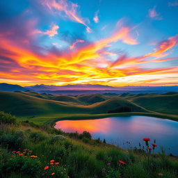 A vibrant and captivating banner image showcasing a breathtaking landscape featuring rolling hills under a sunset sky painted with hues of orange, pink, and purple