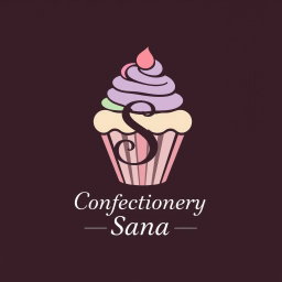 A logo design for a bakery featuring a whimsical cupcake at the center, designed with soft pastel colors like pink, lavender, and mint green
