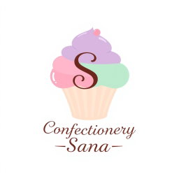 A logo design for a bakery featuring a whimsical cupcake at the center, designed with soft pastel colors like pink, lavender, and mint green