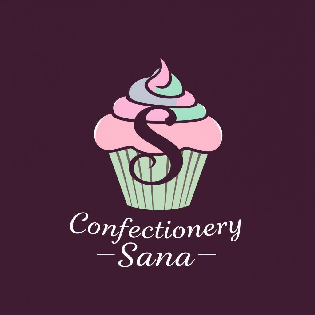 A logo design for a bakery featuring a whimsical cupcake at the center, designed with soft pastel colors like pink, lavender, and mint green