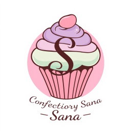 A logo design for a bakery featuring a whimsical cupcake at the center, designed with soft pastel colors like pink, lavender, and mint green