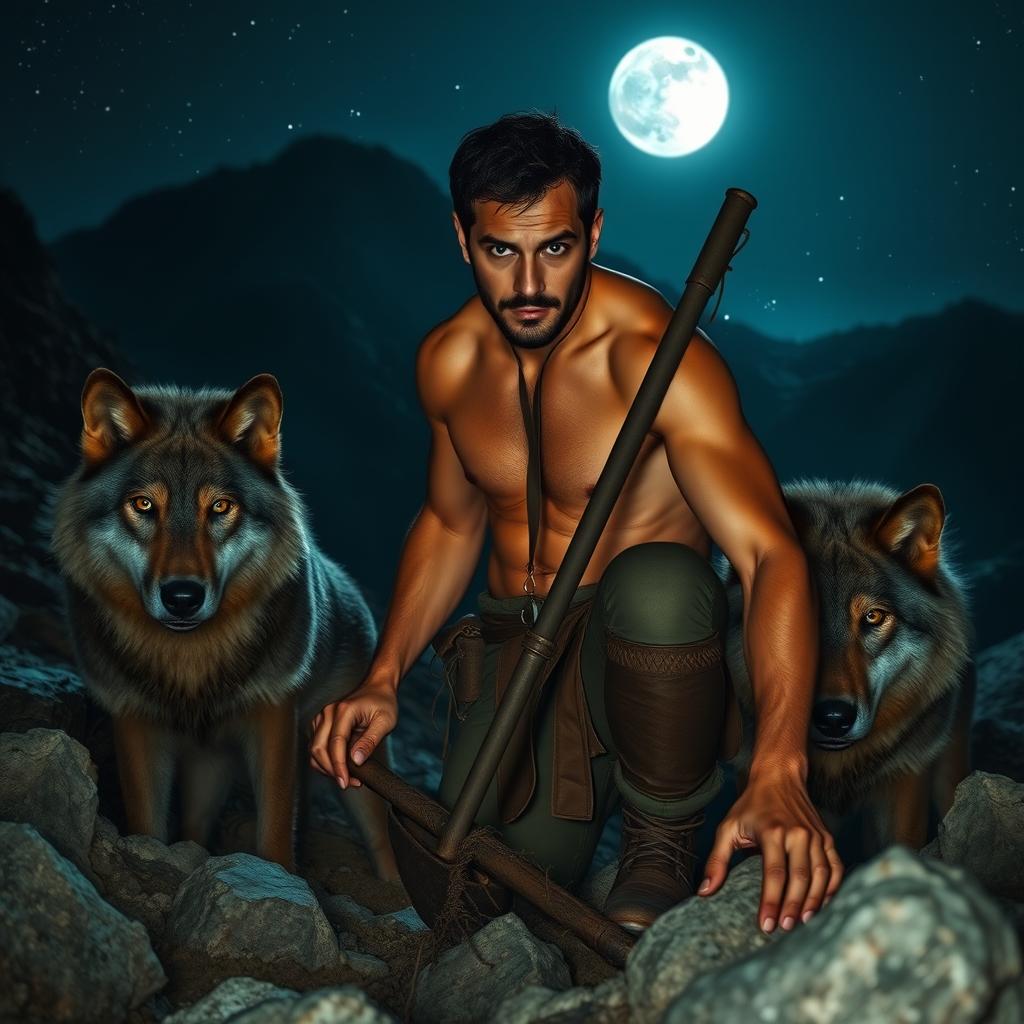 A man in his thirties with a thin, tall physique and brown skin, is digging among the mountains at night