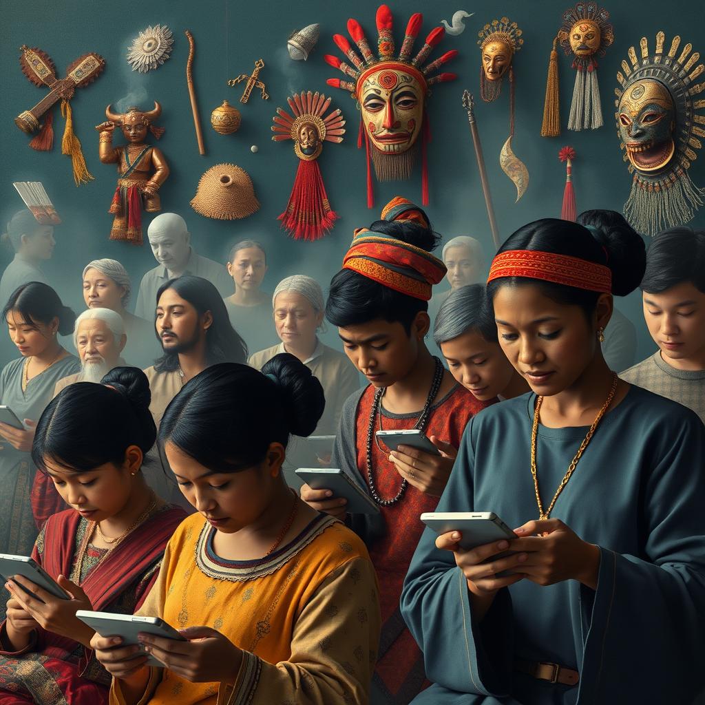 A thought-provoking artwork illustrating the impact of media on people's connection to their traditions and customs