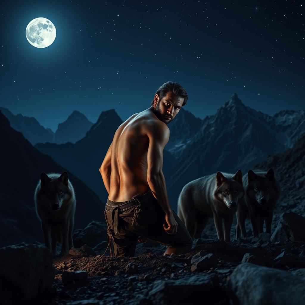 A man in his thirties with a thin, tall physique and brown skin, is digging among rugged mountains at night