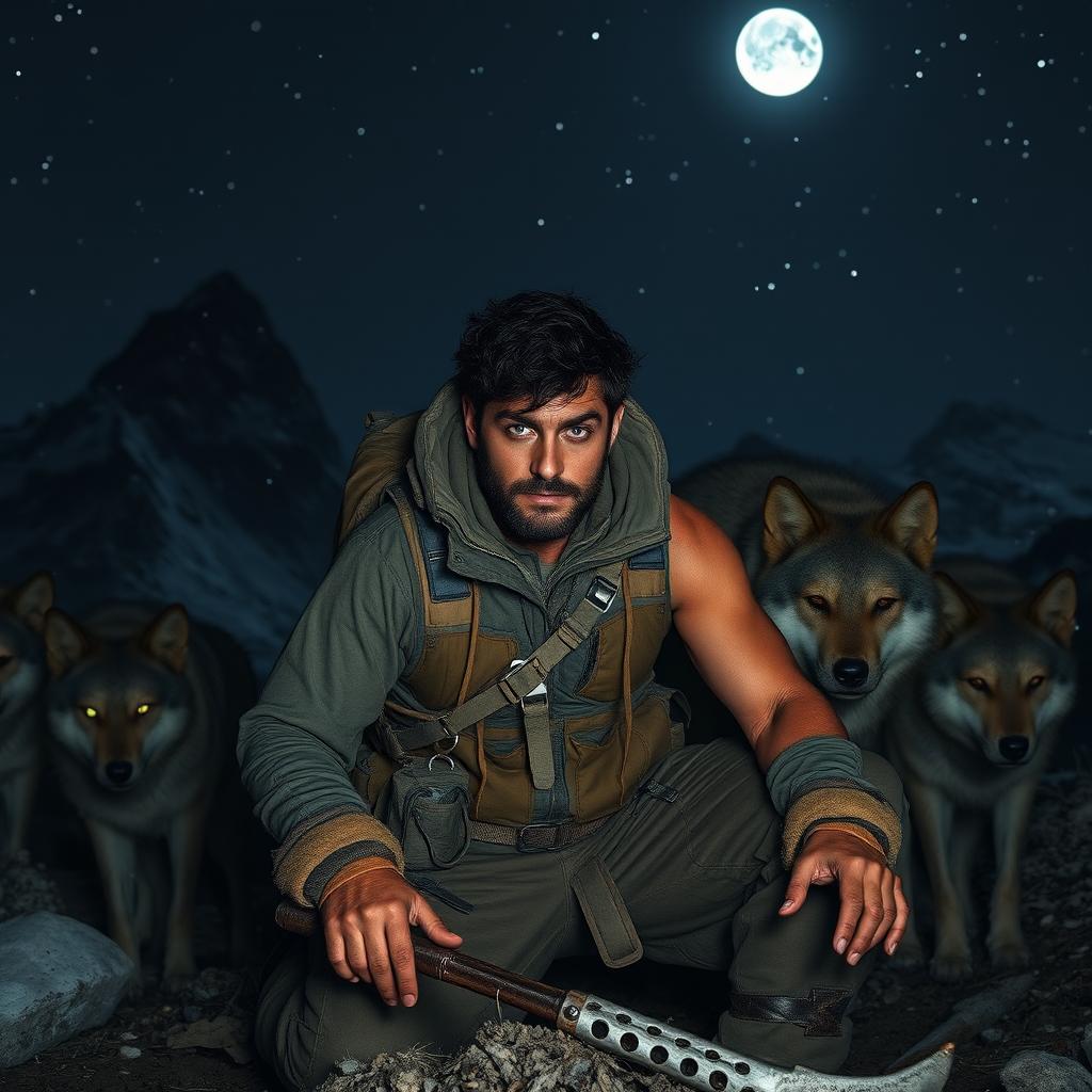 A man in his thirties with a thin, tall physique and brown skin, dressed in rugged outdoor gear, is digging among the mountains at night