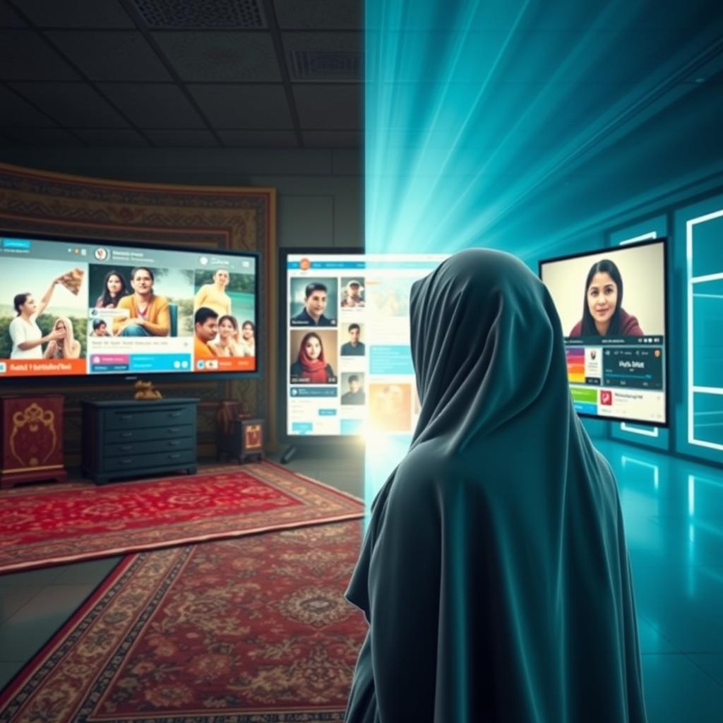 A thought-provoking visual representation of the impact of media on traditional customs, focusing on a woman wearing a hijab