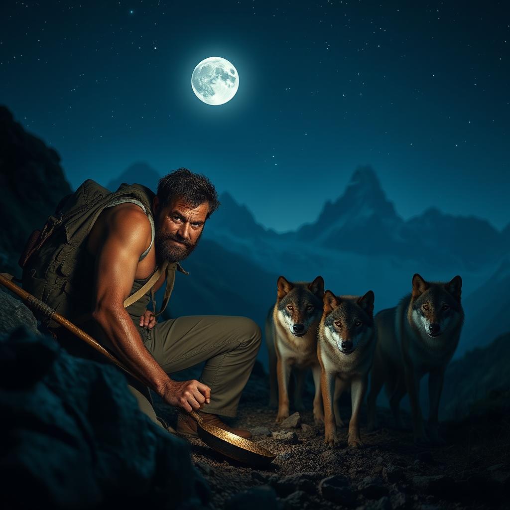 A man in his thirties with a thin, tall physique and brown skin, dressed in rugged outdoor attire, is digging among the rugged mountains at night