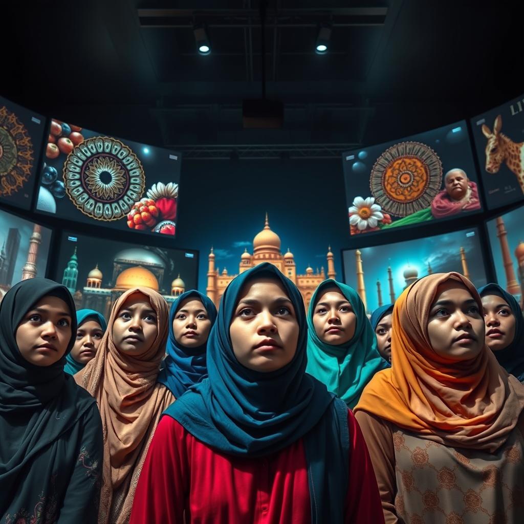 A dramatic scene depicting the impact of modern media on the cultural identity of individuals who wear hijab