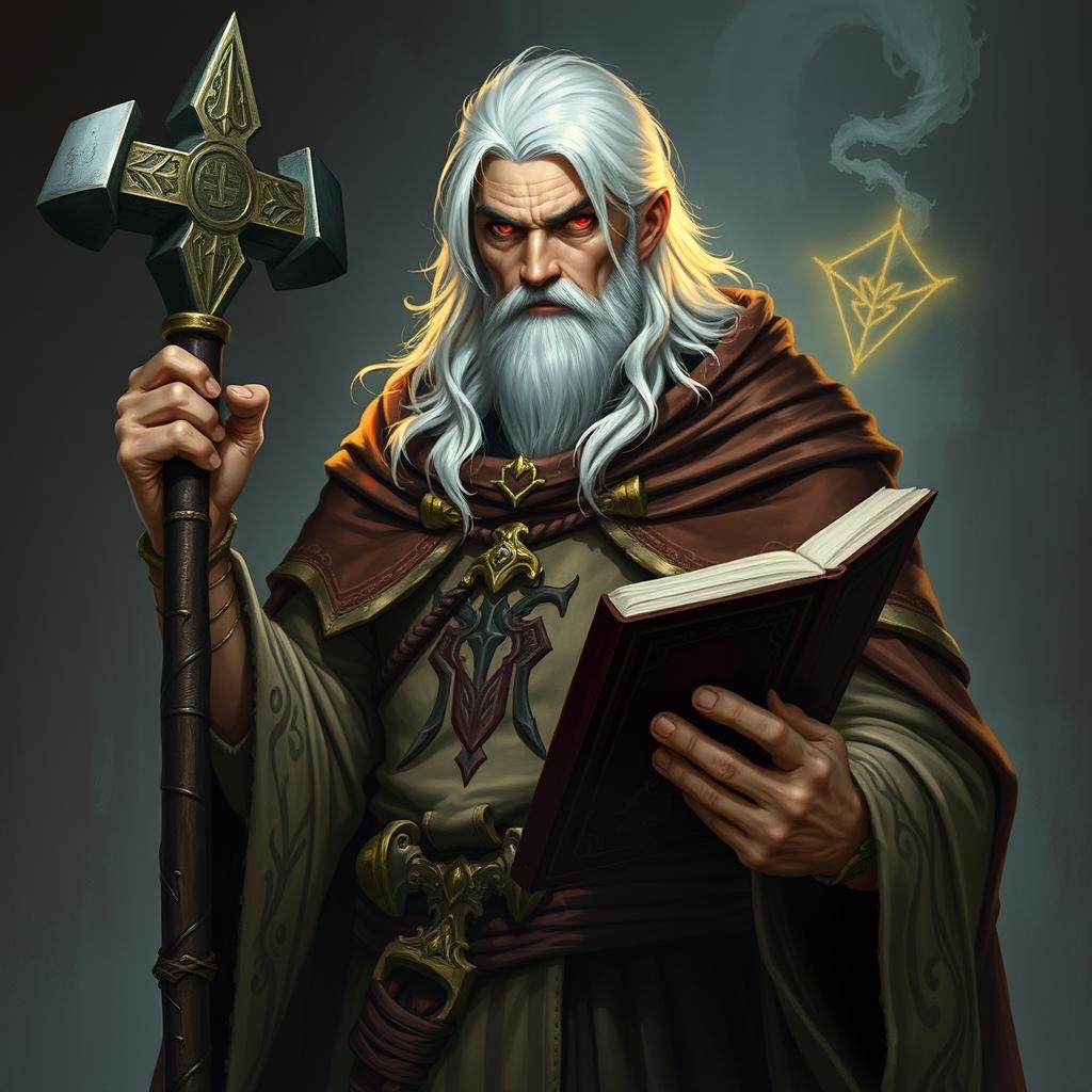 A human cleric with striking white hair and deep red eyes, holding a prayer book and a war hammer