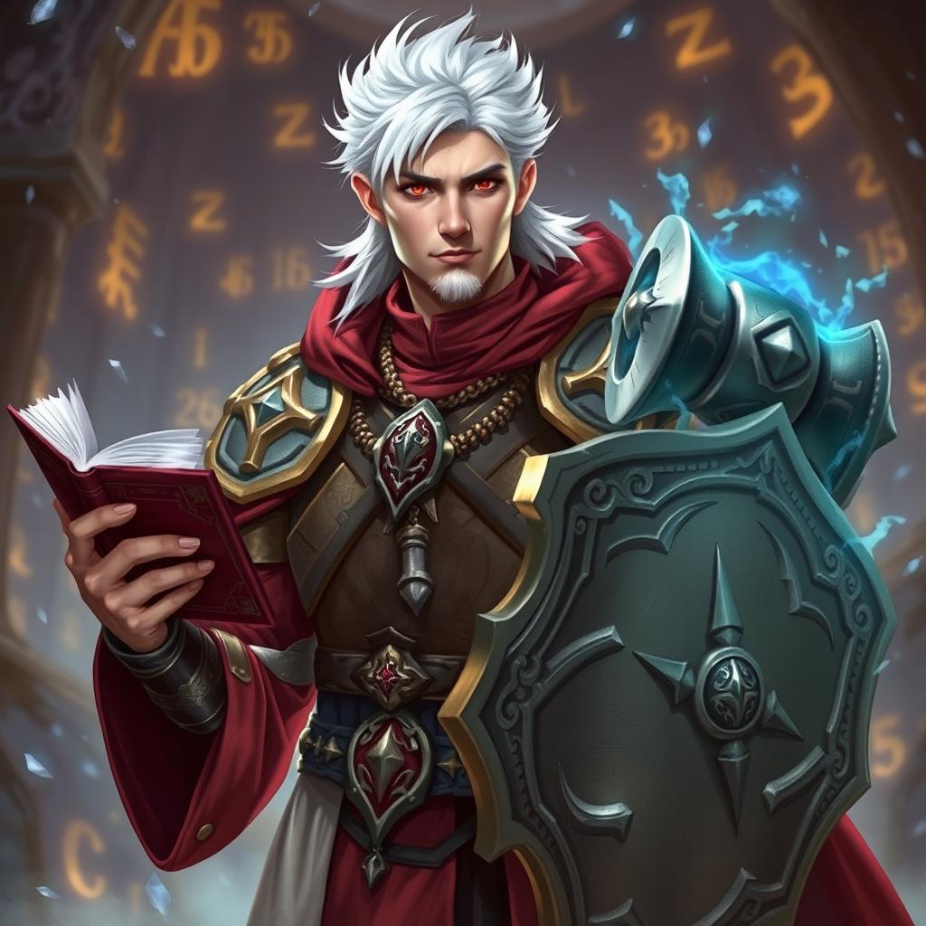A human cleric with vibrant white hair and intense red eyes, confidently holding a prayer book in one hand and a formidable war hammer in the other