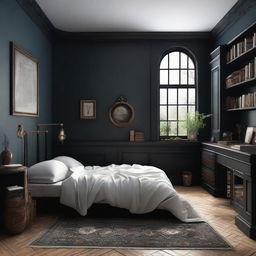 Design a warm, witchy dark academia bedroom with fewer books. The bed is centrally located, flanked by a regular window on its right, two small square windows at the back on both sides. An ensuite bathroom is situated to the left of the bed.