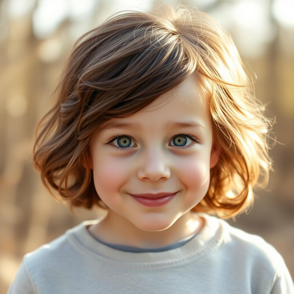 A warm-white girl with slightly dark brown, short, frizzy hair and vibrant forest green eyes