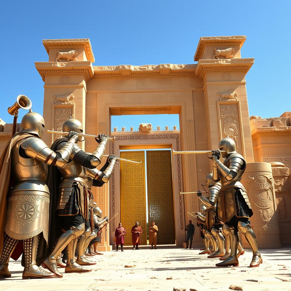 A historical scene depicting knights in shining armor blowing trumpets near the majestic gate of Persepolis, surrounded by ancient Persian architecture