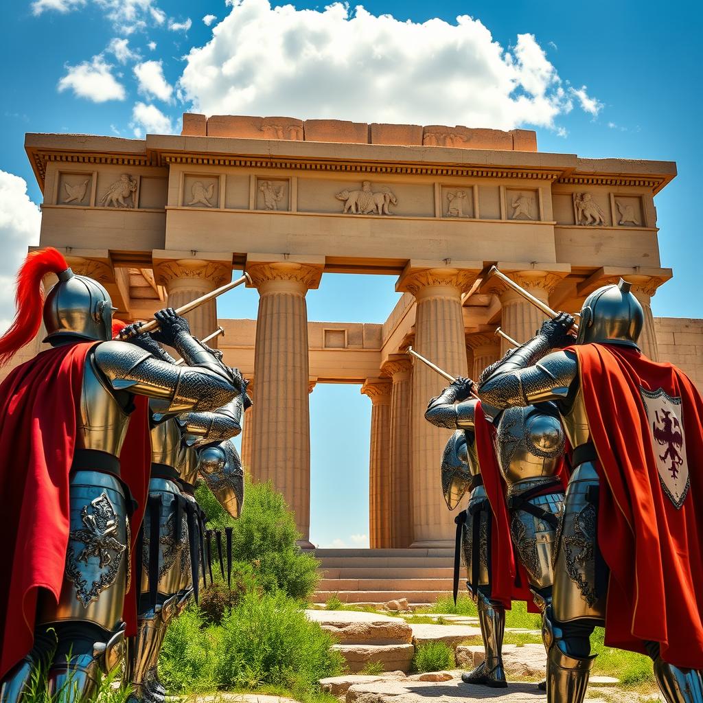 Knights in shining armor blow trumpets near the magnificent ancient gates of Persepolis, with intricate carvings and stone textures visible