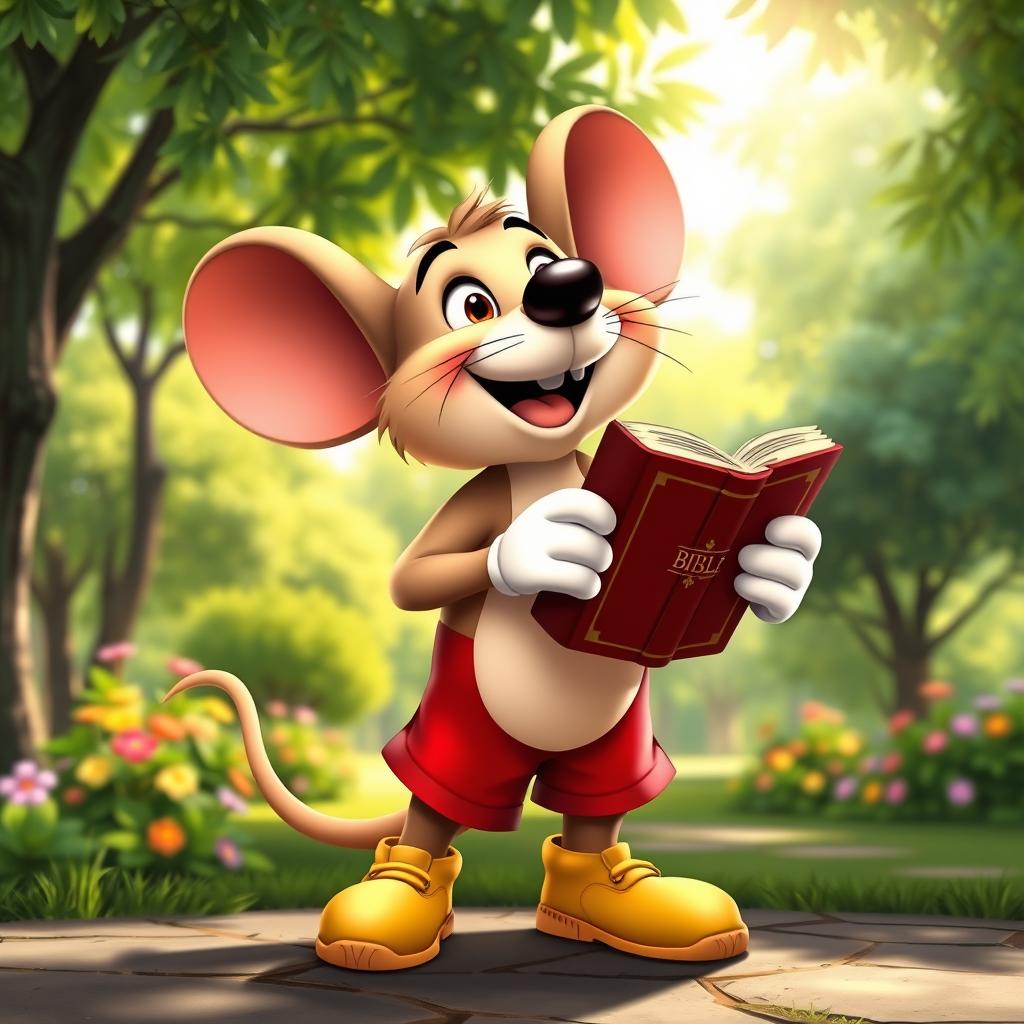 A cartoon character resembling a cheerful anthropomorphic mouse holding a Bible in a joyful manner