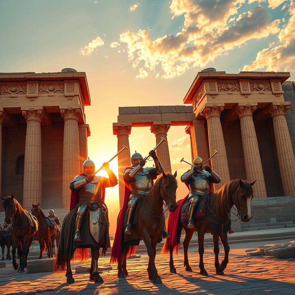 A captivating scene depicting knights in detailed medieval armor blowing trumpets near the grand gate of Persepolis, which showcases intricate ancient Persian architecture with large stone carvings and columns