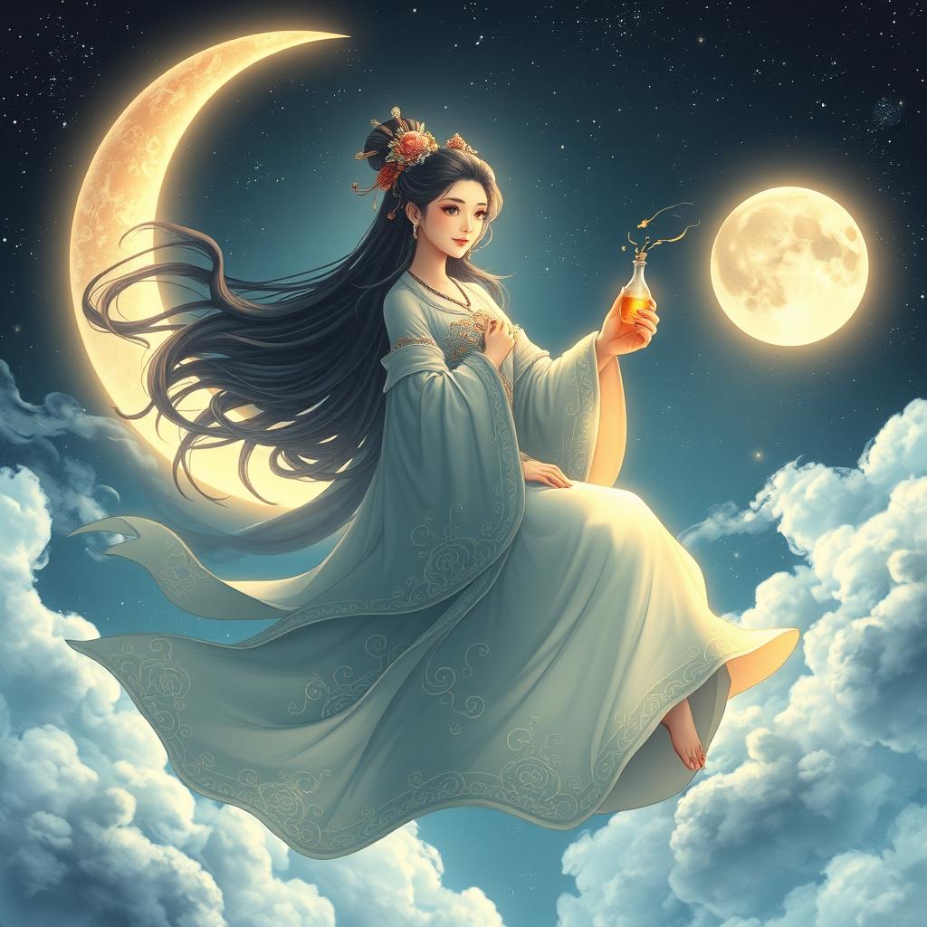 Chang'e, the beautiful Chinese moon goddess, depicted gracefully as she floats in the night sky surrounded by a shimmering crescent moon