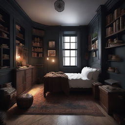 Design a warm, witchy dark academia bedroom with fewer books. The bed is centrally located, flanked by a regular window on its right, two small square windows at the back on both sides. An ensuite bathroom is situated to the left of the bed.