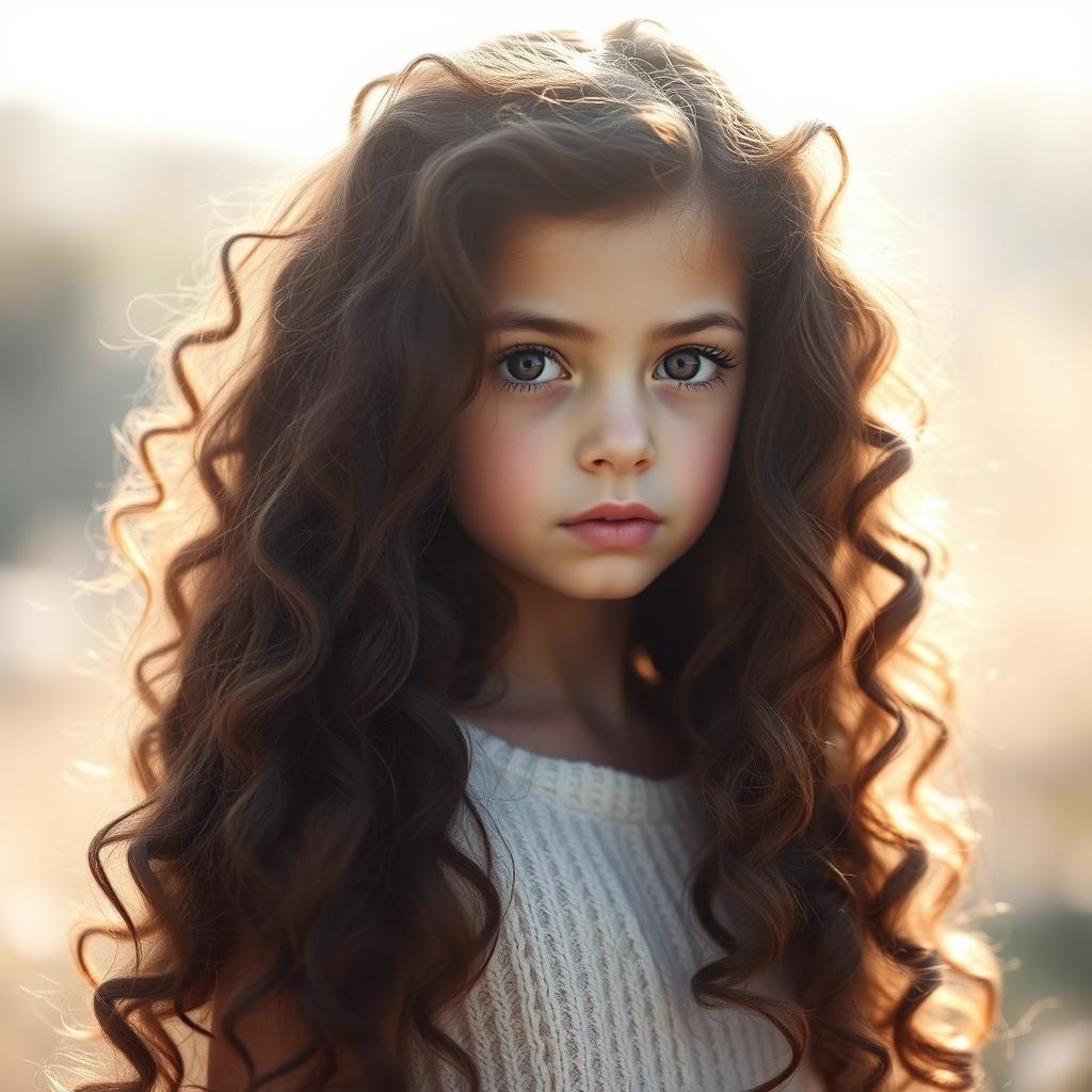A beautiful white girl with long, curly, and frizzy dark brown hair